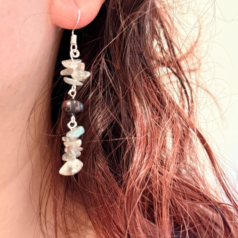 Labradorite & Freshwater Pearl Earrings, Natural Stone Dangle Earrings, Handmade - Picture 5 of 6